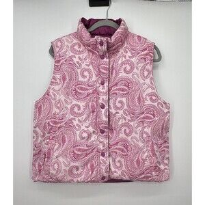 Lands End Womens Goose Down Reversible Puffer Vest Sz M Quilted Snap Paisley
